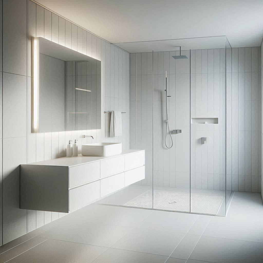 Minimalist bathroom with a matte white floating vanity, integrated sink, and large white porcelain tiles on walls and floor, featuring a glass-enclosed shower, designed by Hothico Architects.