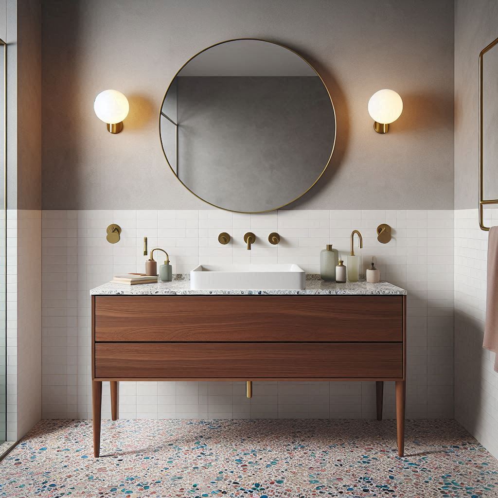 Mid-century modern bathroom with colorful terrazzo flooring, a floating walnut vanity, white quartz countertop, and a thin rectangular mirror, designed by Hothico Architects.