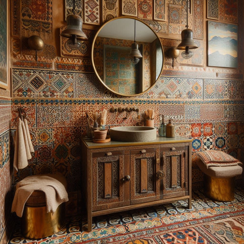 Globally-inspired eclectic bathroom with Moroccan floor tiles in red, orange, and blue, and patterned wall treatments, designed by Hothico Architects.