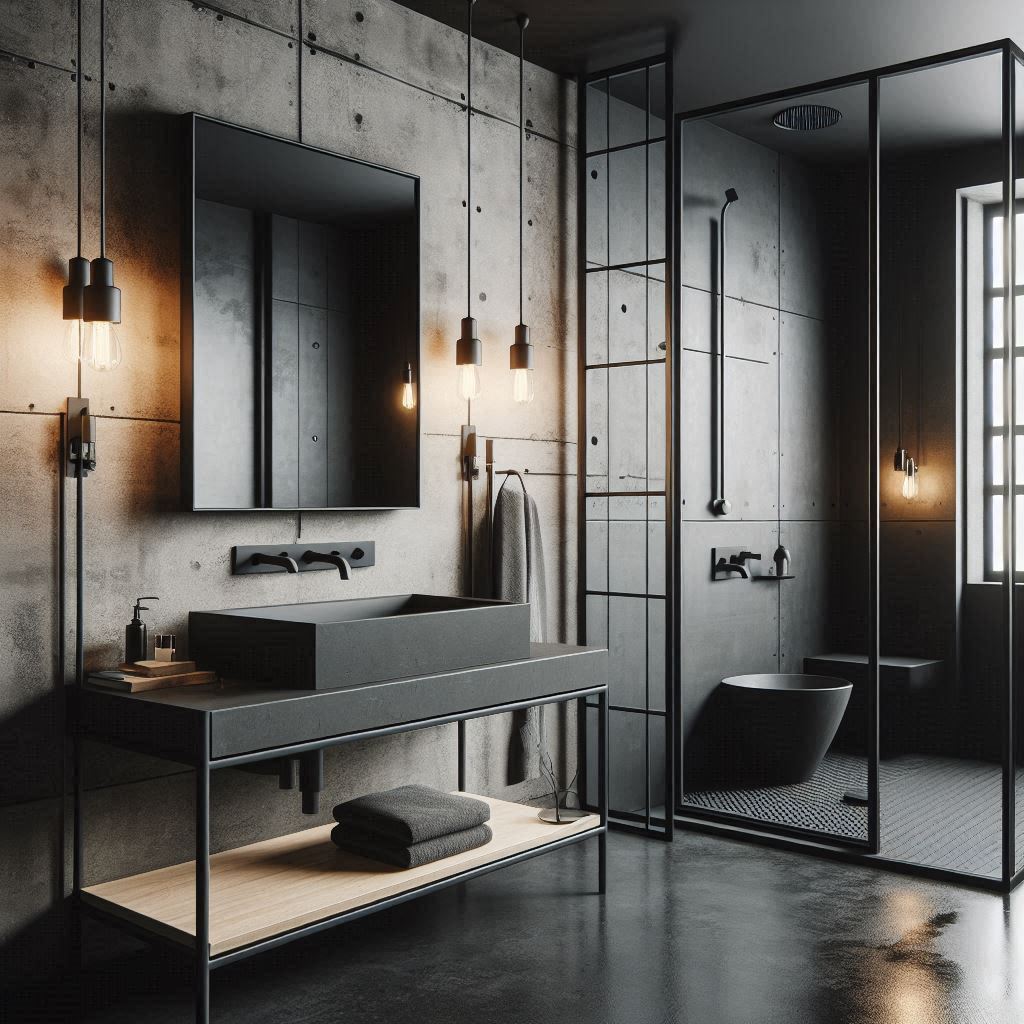 Modern industrial bathroom with black metal and raw concrete finishes, a wall-mounted black metal vanity with a concrete countertop and matte black fixtures, designed by Hothico Architects.