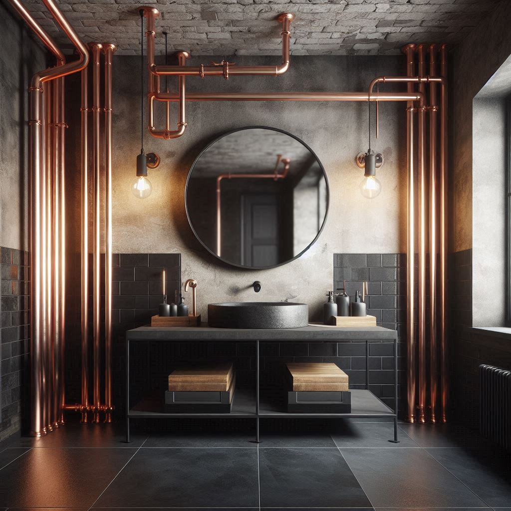 Modern industrial bathroom with dark slate flooring, exposed brick and concrete walls, and visible copper piping along the ceiling and walls, designed by Hothico Architects.