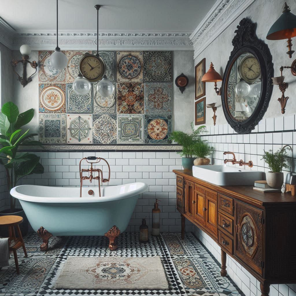 Eclectic bathroom with a pastel blue vintage clawfoot tub, matte black fixtures, and floral wallpaper, designed by Hothico Architects.
