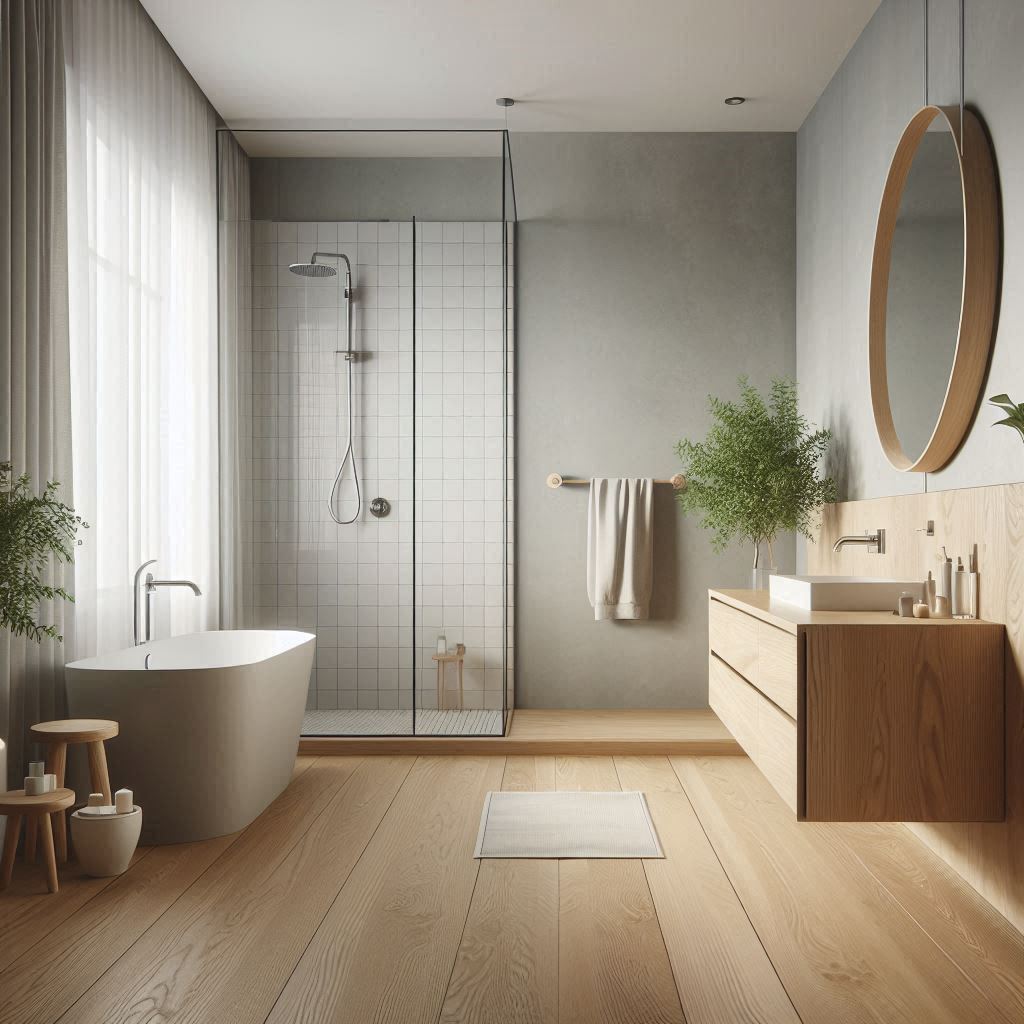 Scandinavian bathroom with smooth light grey walls, floating natural oak vanity, wide-plank light wood flooring, and a frameless glass shower with minimalist fixtures, designed by Hothico Architects.