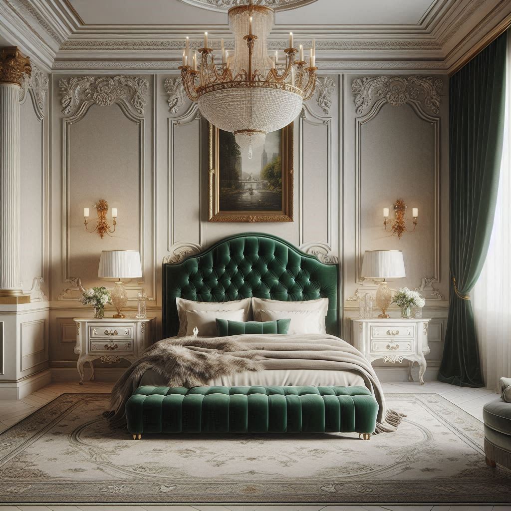 Classic bedroom with luxurious marble accents, a large upholstered bed with a deep emerald green velvet tufted headboard, and elegant bedding, designed by Hothico Architects.