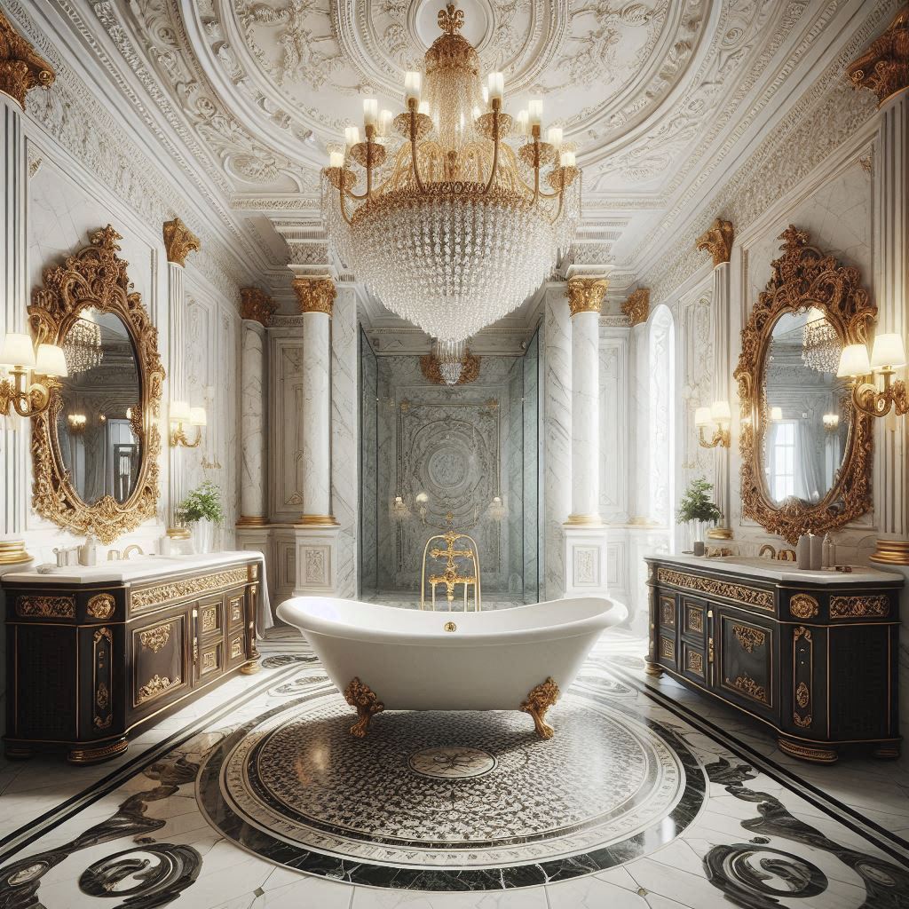 Neo-classical bathroom with a freestanding clawfoot tub beneath a crystal chandelier, white marble walls with gold accents and moldings, and luxurious detailing, designed by Hothico Architects.