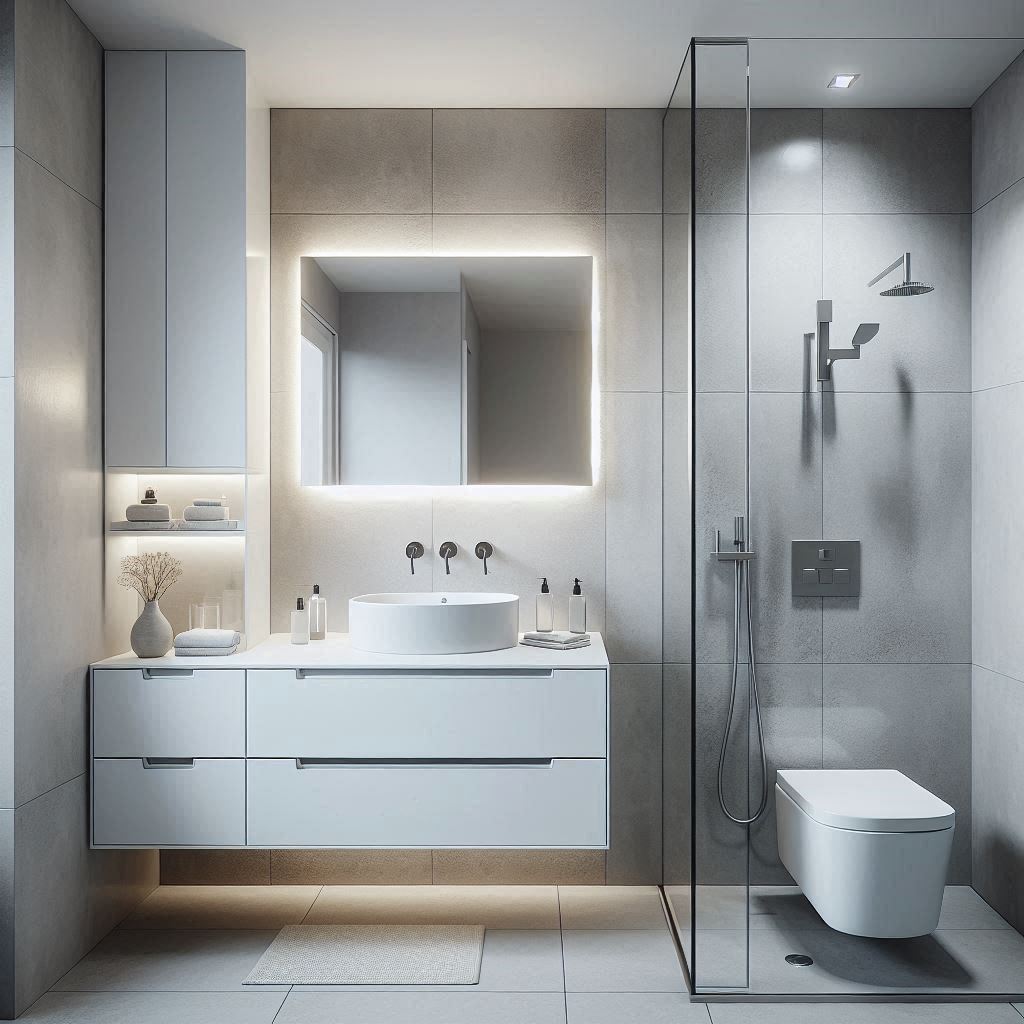 Compact contemporary bathroom with a wall-mounted matte white vanity, solid surface countertop, built-in rectangular sink, and smart storage solutions, designed by Hothico Architects.