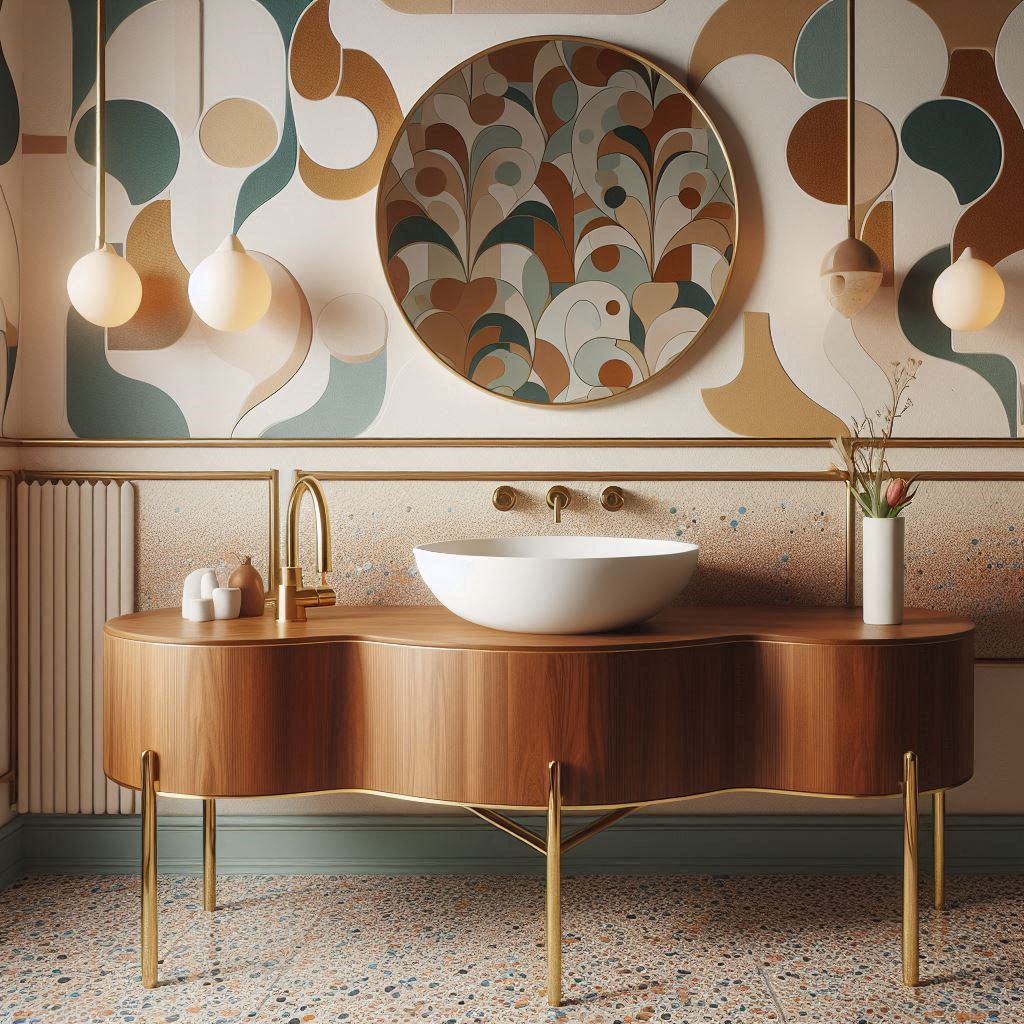 Mid-century modern bathroom with a curved walnut vanity, white ceramic vessel sink, brass fixtures, and pale peach walls, designed by Hothico Architects.