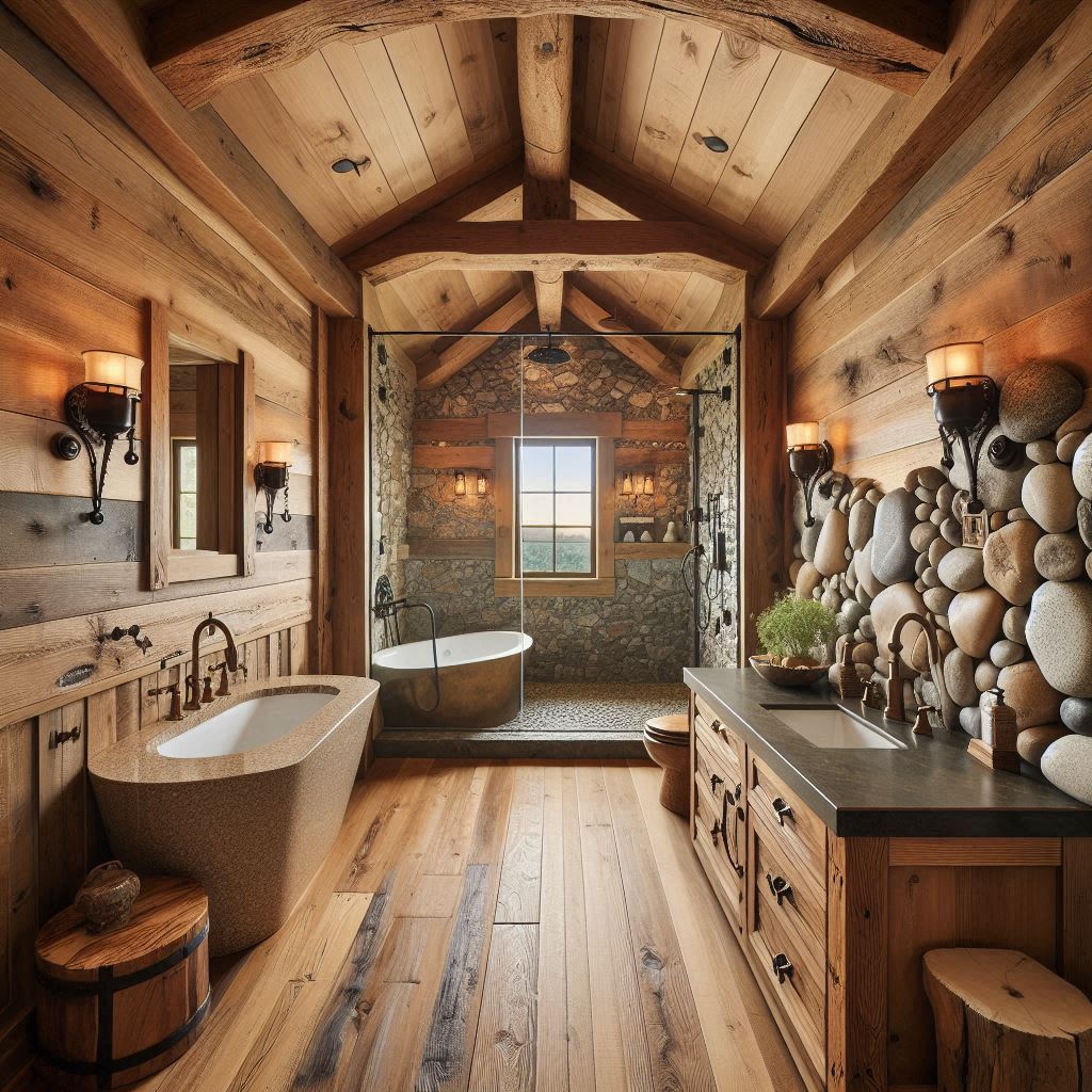 Rustic bathroom with river rock accent walls, exposed wooden ceiling beams, reclaimed barn wood vanity, stone countertop, and copper fixtures, designed by Hothico Architects.