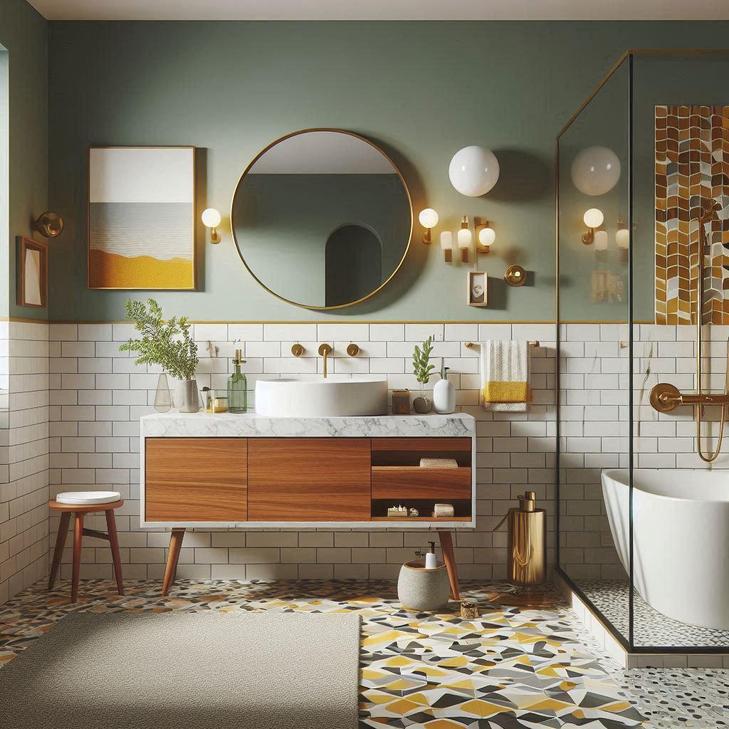 Mid-century modern bathroom with a walnut floating vanity, white quartz countertop, rectangular sink, and soft sage green walls, designed by Hothico Architects.