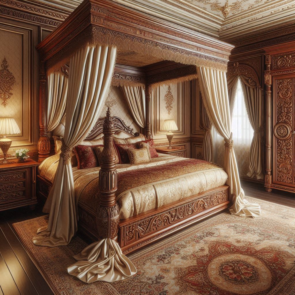 Luxurious classic bedroom with a large four-poster bed featuring traditional Indian wooden carvings, cream silk drapes, and elegant bedding, designed by Hothico Architects.