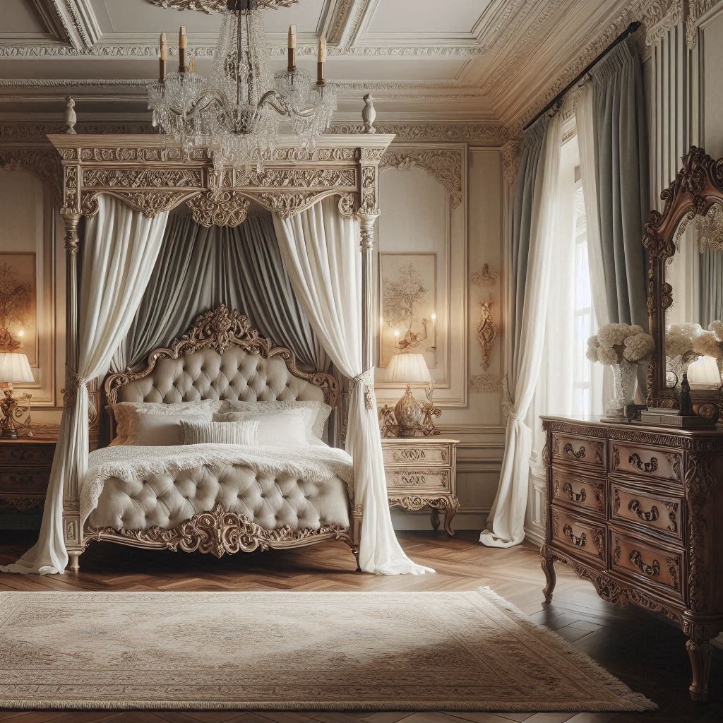 Classic bedroom with a luxurious carved wooden canopy bed draped in white linen curtains, tufted upholstered headboard, and refined decorative elements, designed by Hothico Architects.