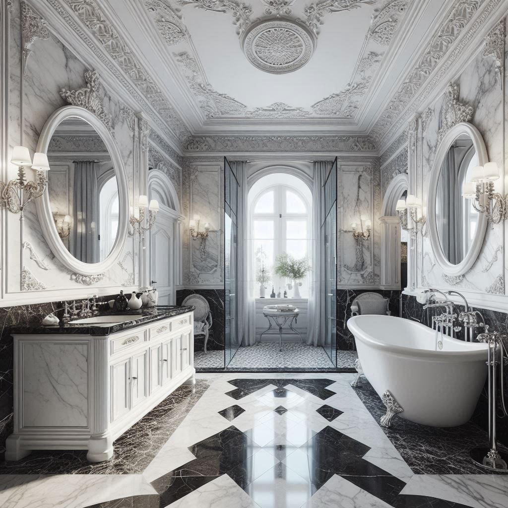 Neo-classical bathroom with a freestanding bathtub, black and white marble tiles on the walls and floor, classic white vanity, and black marble countertop, designed by Hothico Architects.