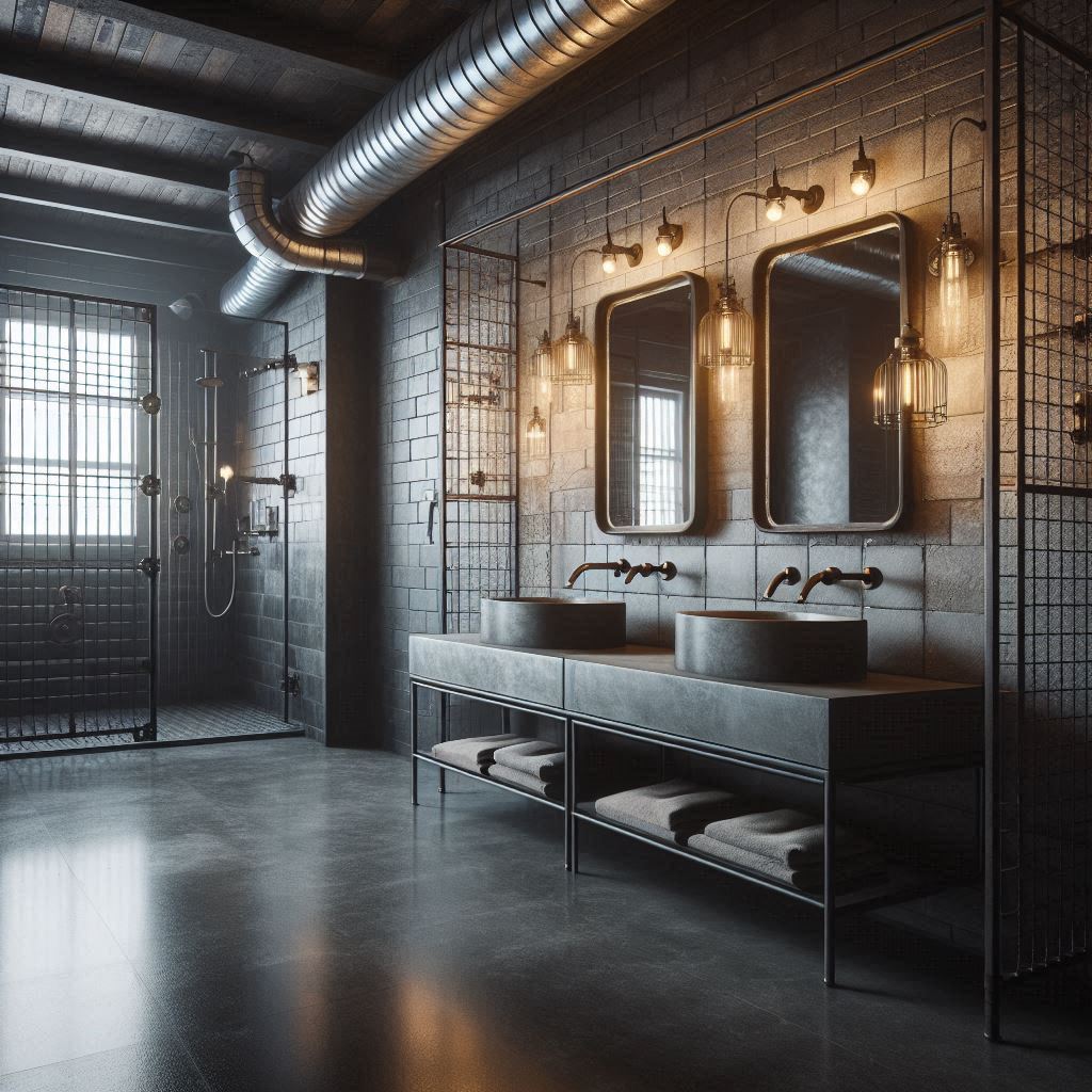 Spacious industrial bathroom with dark polished concrete floors, exposed ductwork, caged lighting, brick and dark grey tiled walls, and a floating wood-and-metal vanity, designed by Hothico Architects.