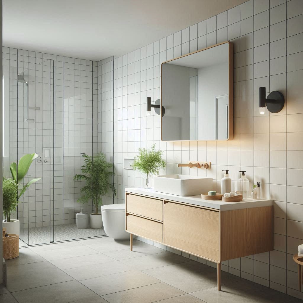 Scandinavian bathroom with white subway tile walls, natural light, light oak wood vanity, white countertop, and minimalist fixtures, designed by Hothico Architects.