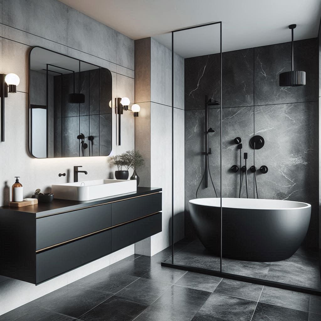 Contemporary bathroom with a freestanding oval bathtub, matte black fixtures, large concrete floor tiles, and a mix of smooth white and black wall finishes, designed by Hothico Architects.