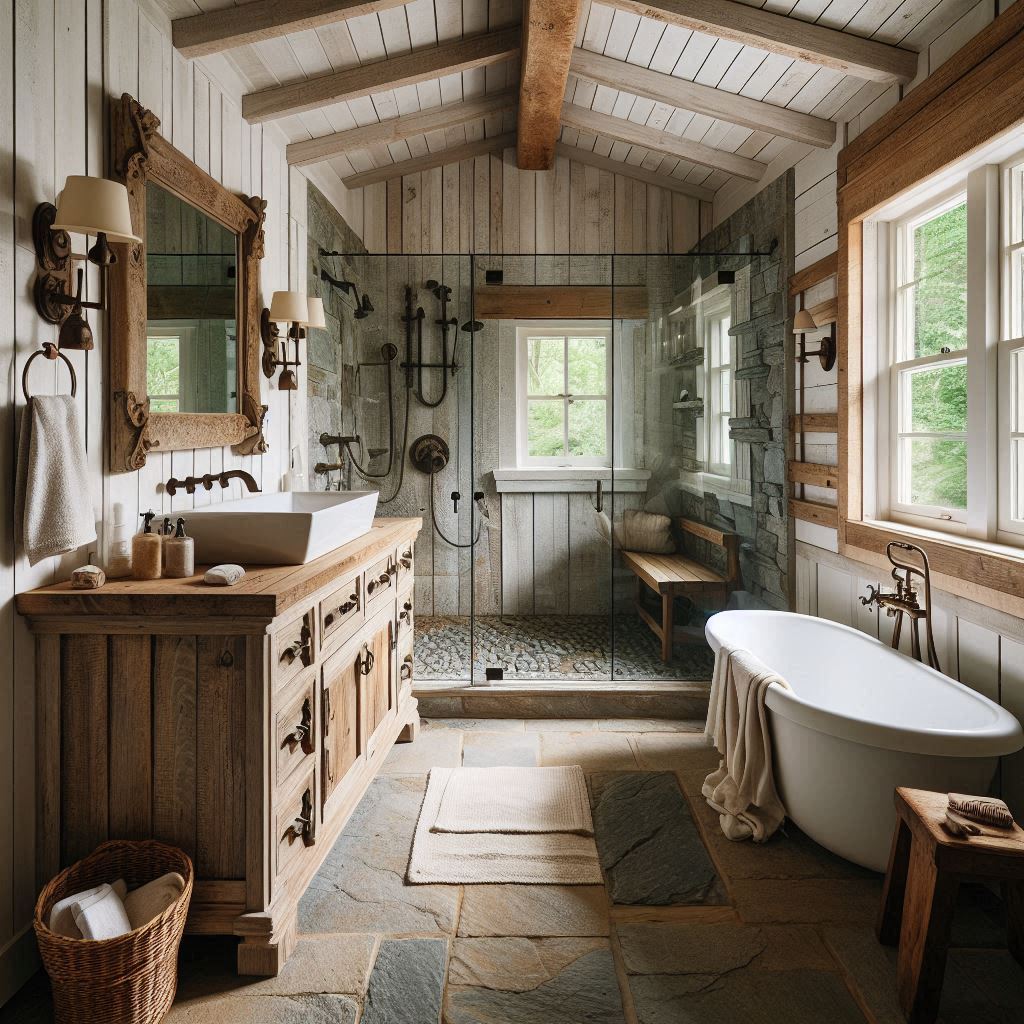 Rustic bathroom with whitewashed wooden shiplap walls, stone flooring, a reclaimed wood farmhouse-style vanity, thick stone countertop, and a porcelain vessel sink, designed by Hothico Architects.