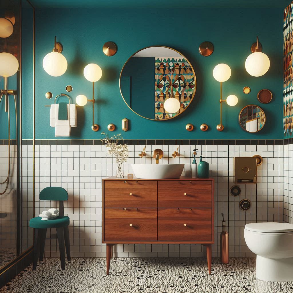 Mid-century modern bathroom with deep-colored walls, a walnut vanity, white ceramic sink, matte black fixtures, and vintage lighting, designed by Hothico Architects.