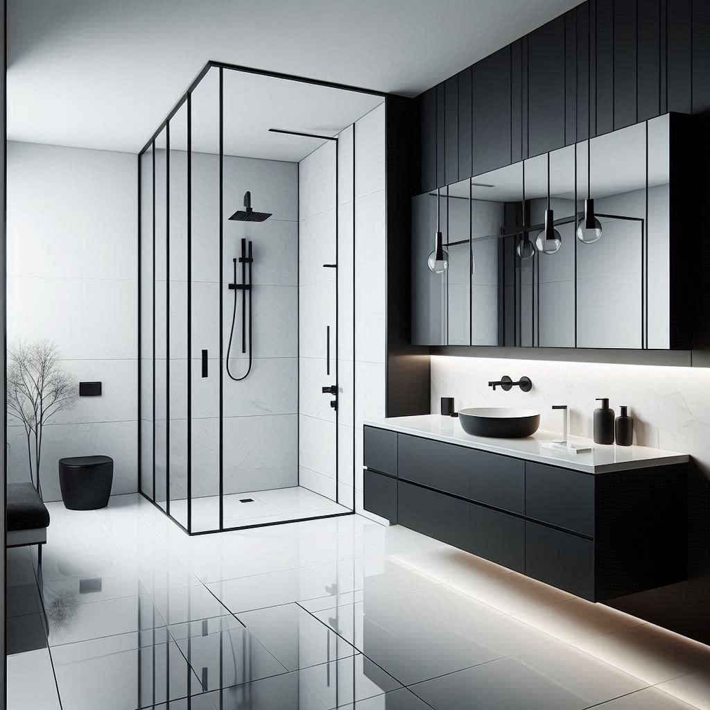 Modern bathroom with a minimalist black and white palette, floating matte black vanity, white quartz countertop, integrated sink, smooth white walls, and a single black accent wall, designed by Hothico Architects.