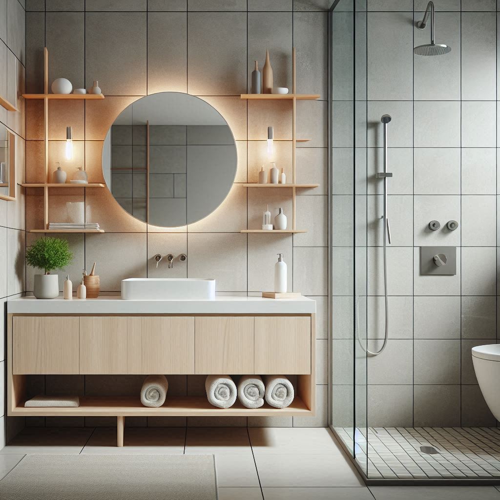 Scandinavian bathroom with light grey ceramic tiles on the walls and floor, floating pale birch wood vanity, white countertop, and chrome fixtures, designed by Hothico Architects.