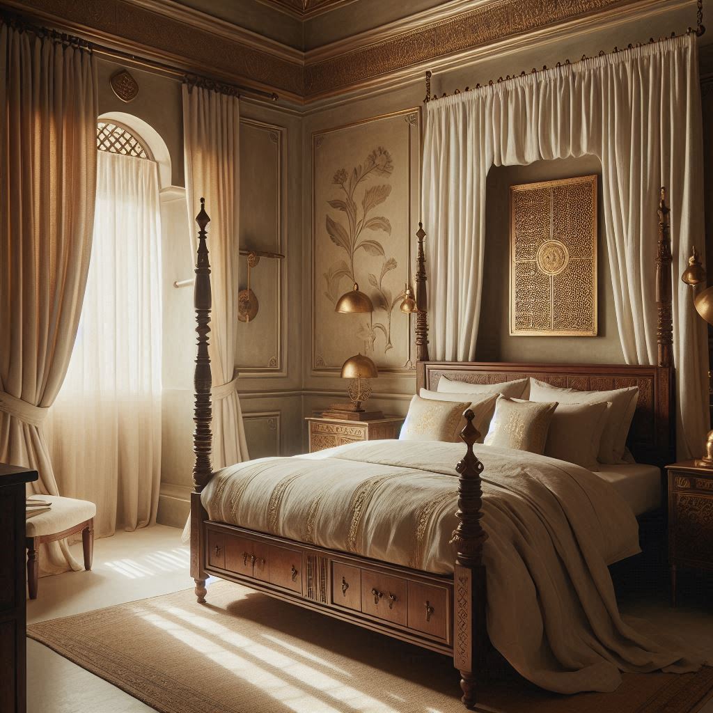 Classic bedroom with a carved wooden four-poster bed, light cream curtains, soft linen bedding, Indian brass accents, and traditional decorative motifs, designed by Hothico Architects.