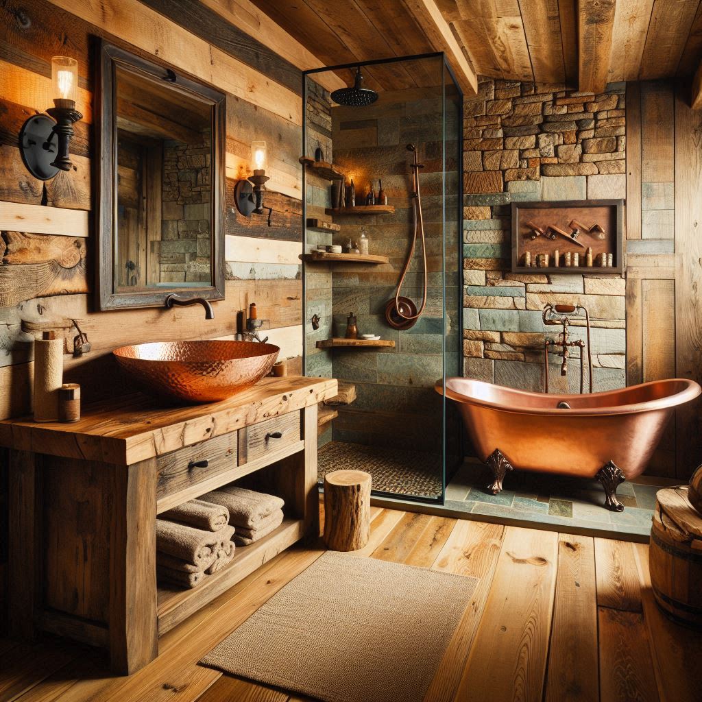 Rustic bathroom with a reclaimed wood vanity, copper countertop, hammered copper vessel sink, exposed brick walls, and rough-hewn wood planks, designed by Hothico Architects.
