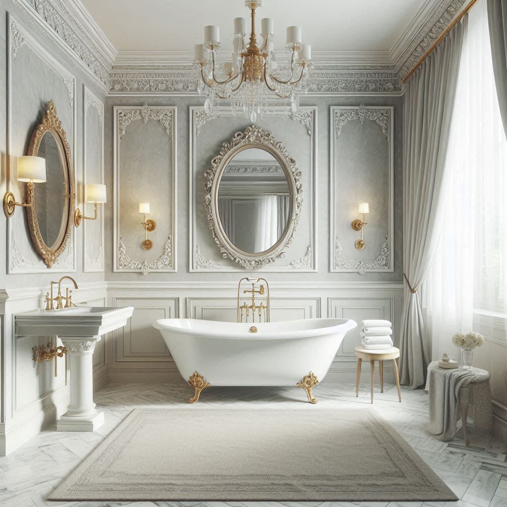 Classic bathroom with white marble floors and walls, a vintage white clawfoot tub with gold accents, and a pedestal sink, designed by Hothico Architects.