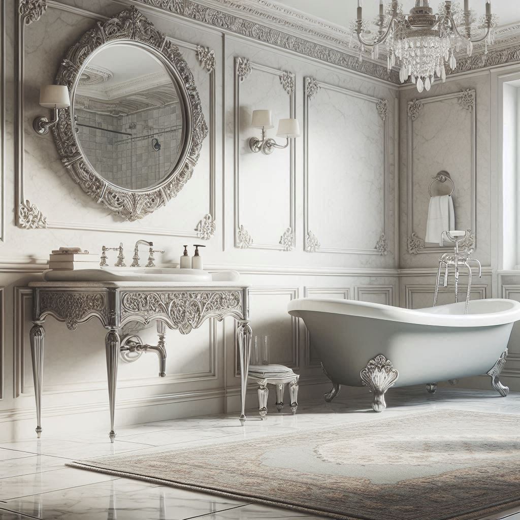 Elegant classic bathroom with polished white marble floors, a vintage console sink with chrome legs, and an oval mirror, designed by Hothico Architects.