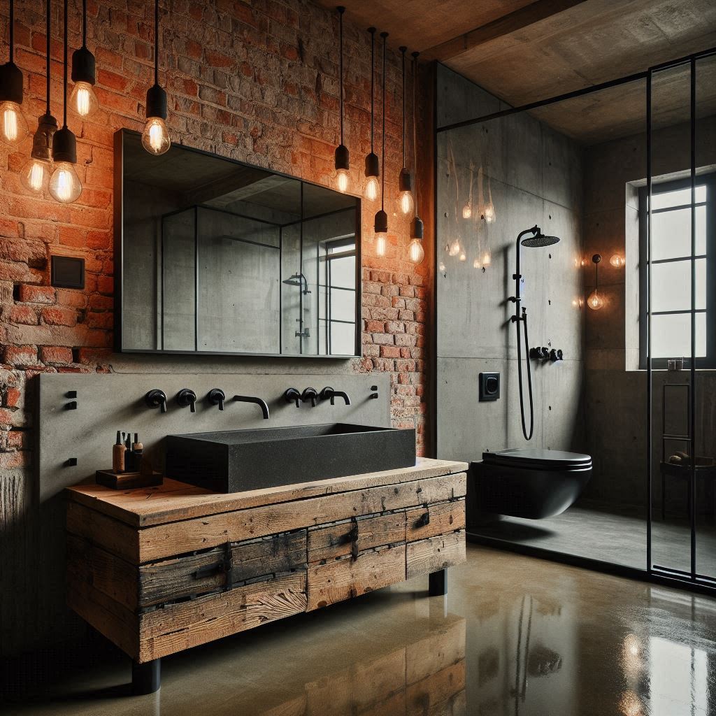 Industrial bathroom with exposed red brick walls, polished concrete floors, matte black fixtures, and a reclaimed wood floating vanity, designed by Hothico Architects.