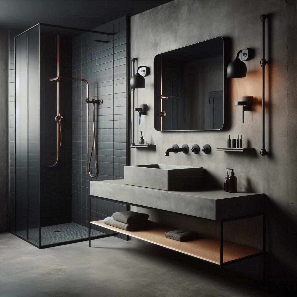 Sleek industrial bathroom with a custom concrete sink, matte black wall-mounted faucet, black subway tiles, and smooth grey concrete walls, designed by Hothico Architects.