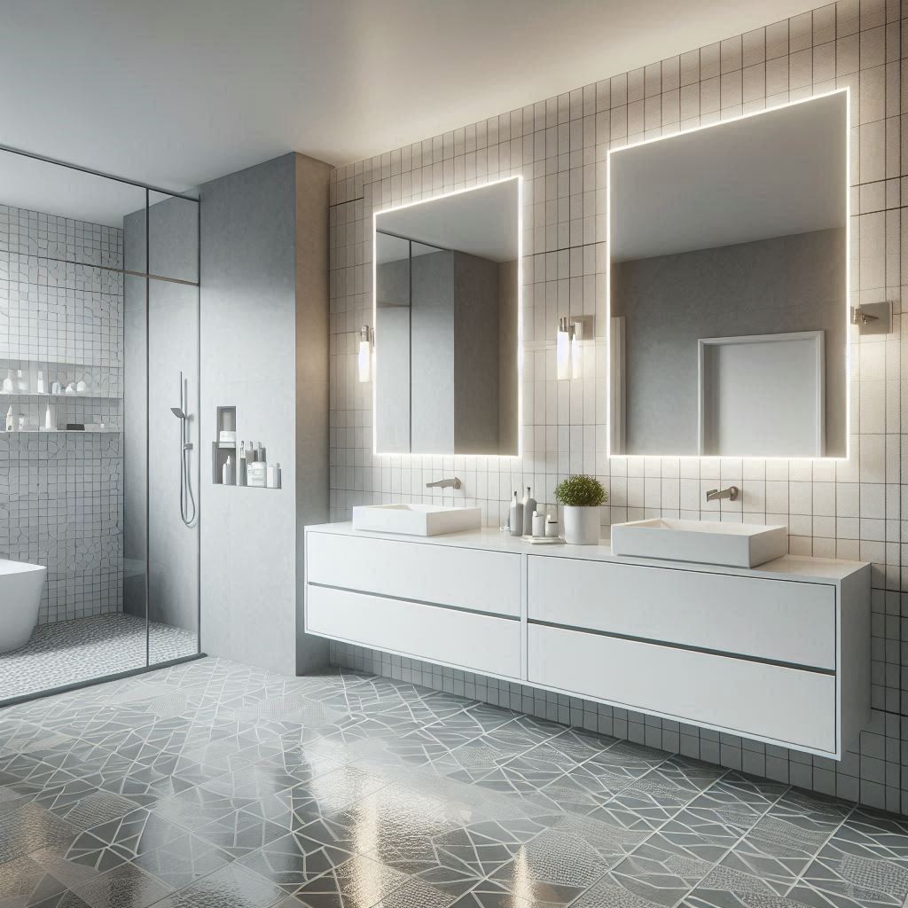 Contemporary bathroom with a floating matte white double vanity, quartz countertops, chrome fixtures, and grey-and-white geometric floor tiles, designed by Hothico Architects.