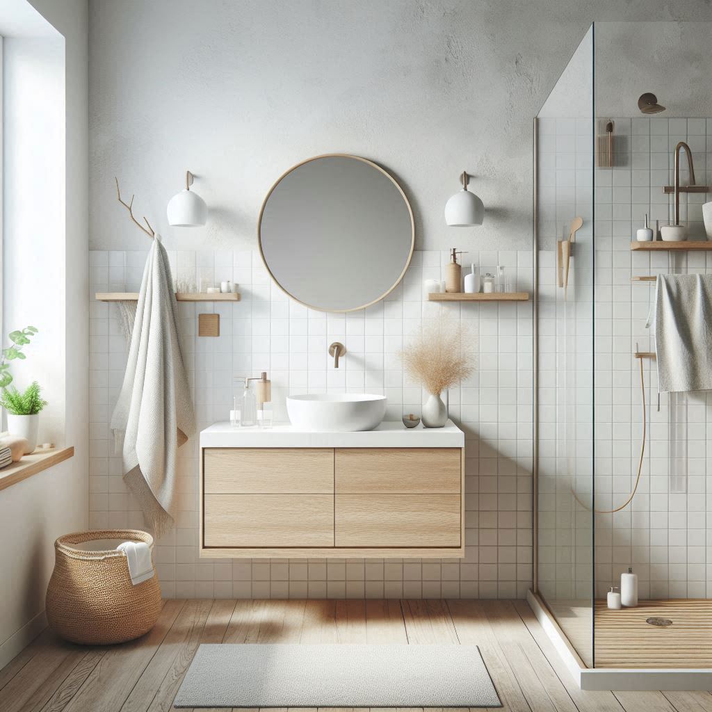 Scandinavian bathroom with crisp white walls, light grey floor tiles, floating natural oak vanity, white countertop, brushed nickel fixtures, and a glass-enclosed shower, designed by Hothico Architects.