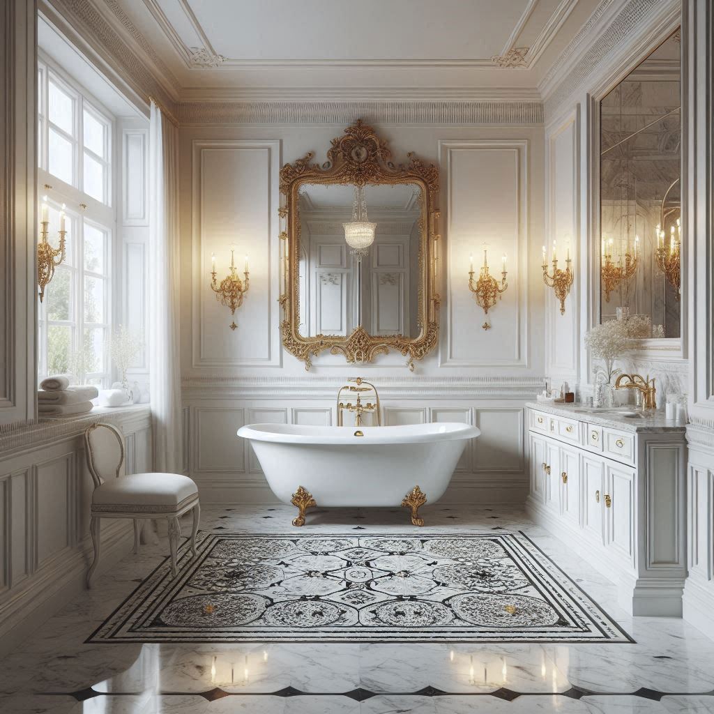 Classic bathroom with white wall paneling, a vintage freestanding tub, and marble flooring with black and white mosaic inlays designed by Hothico Architects.