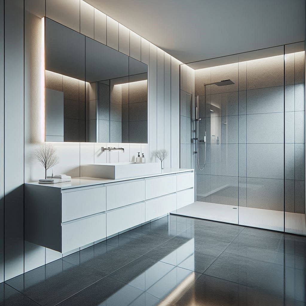 Modern bathroom with a floating white gloss vanity, thin stone countertop, integrated rectangular sink, and large-format grey tiles on the floor, designed by Hothico Architects.