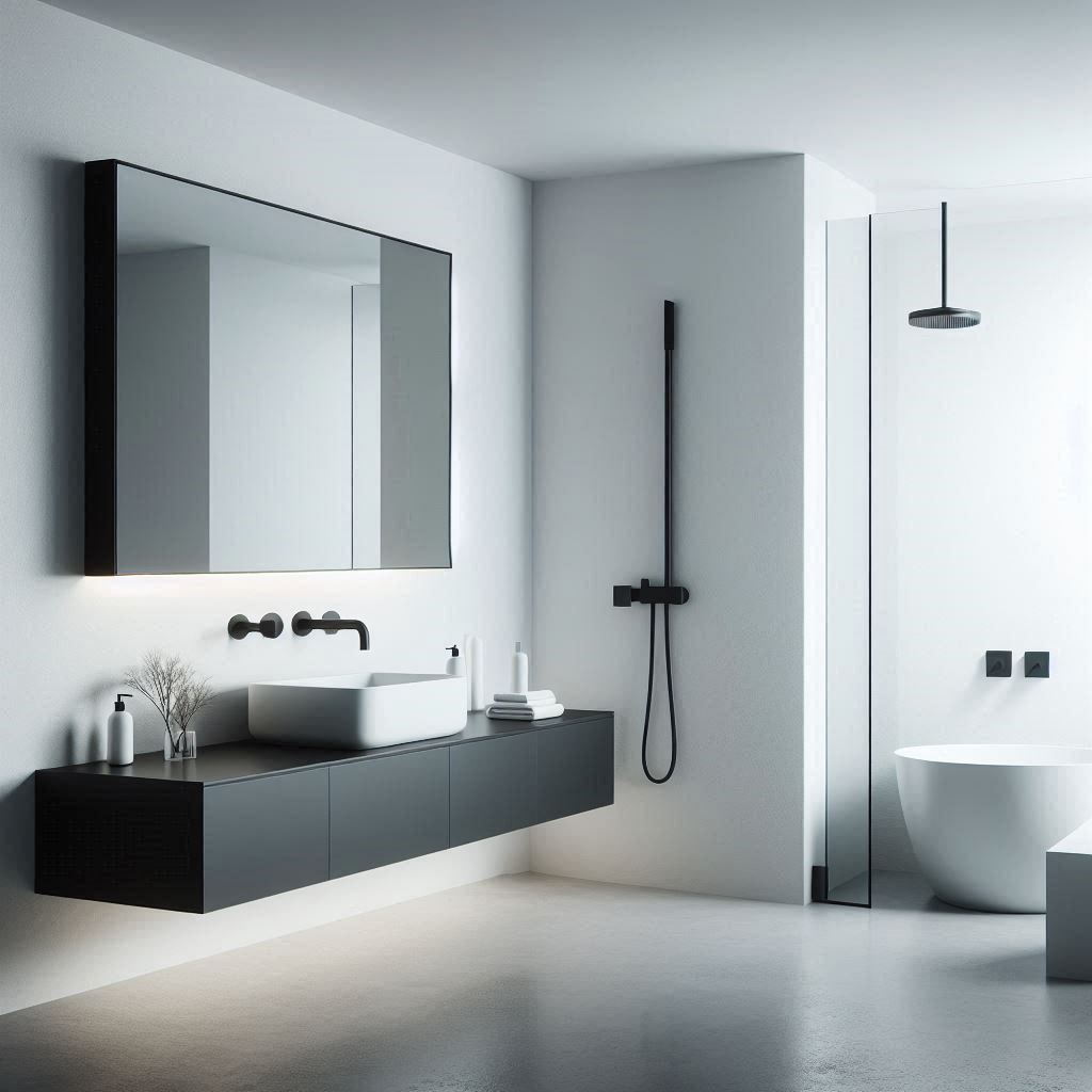 Minimalist bathroom with a white color scheme, matte black floating vanity, white ceramic vessel sink, and wall-mounted black fixtures, designed by Hothico Architects.