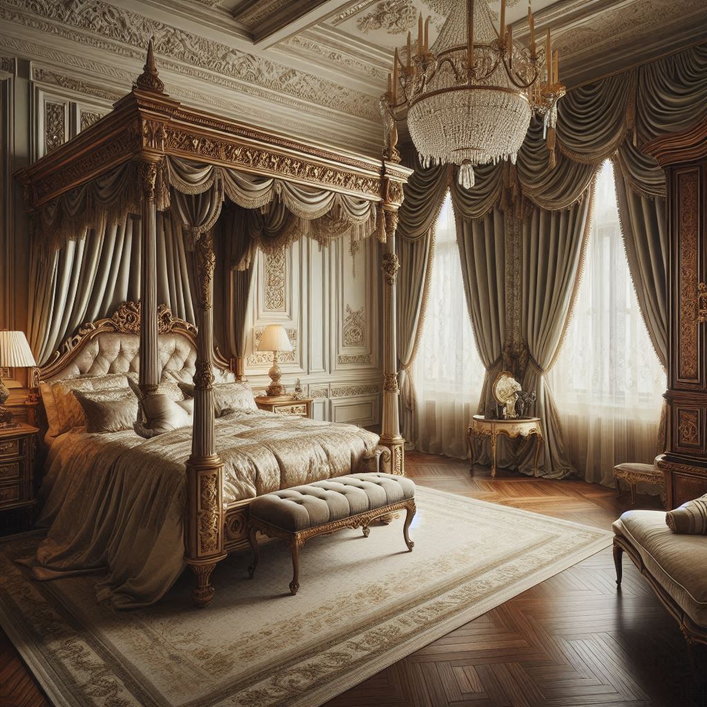 Opulent classic bedroom with high ceilings, a carved wooden four-poster bed, ivory and gold silk and velvet bedding, and tall draped windows, designed by Hothico Architects.