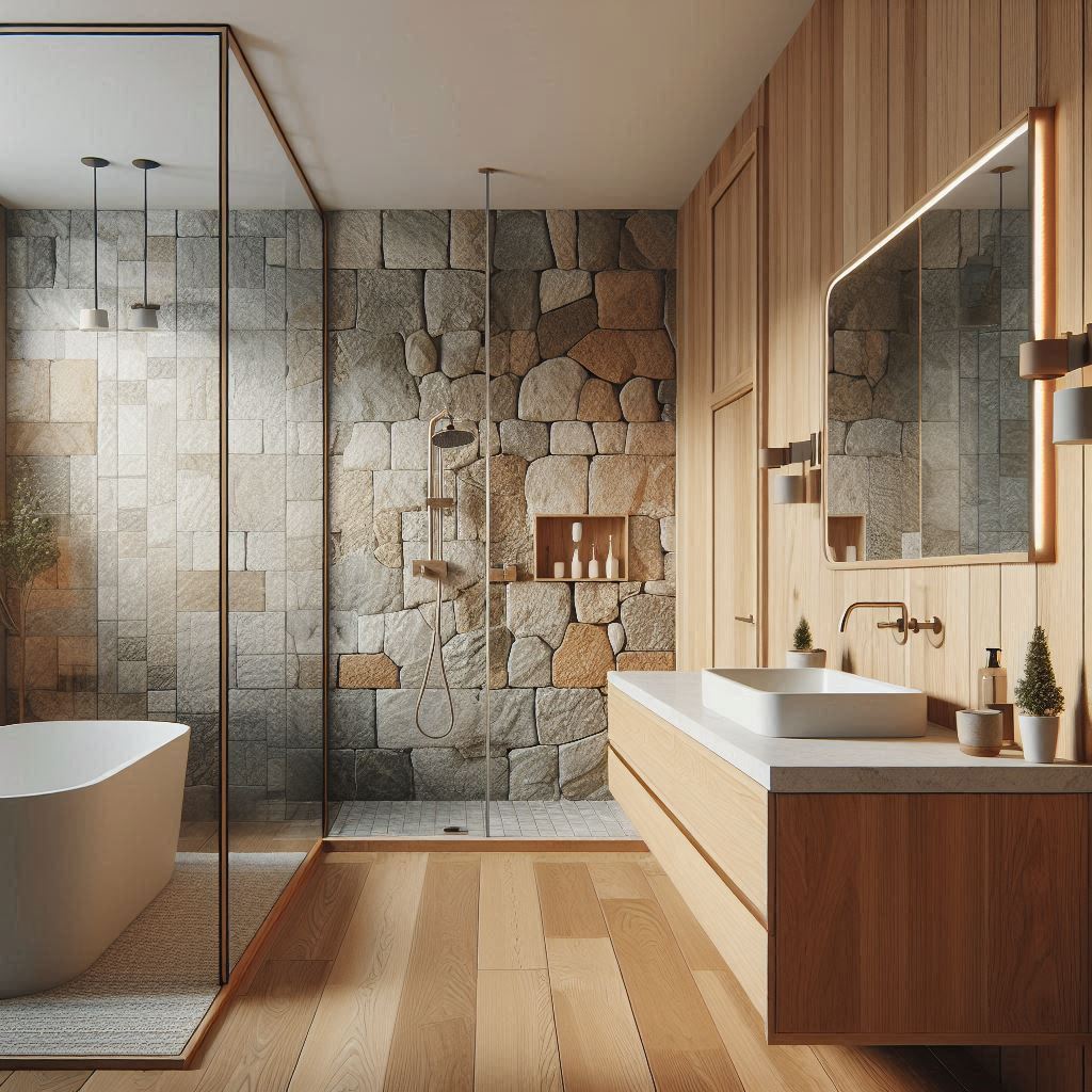 Scandinavian bathroom with natural stone walls, floating light oak vanity, white stone countertop, built-in rectangular sink, and warm wood accents, designed by Hothico Architects.