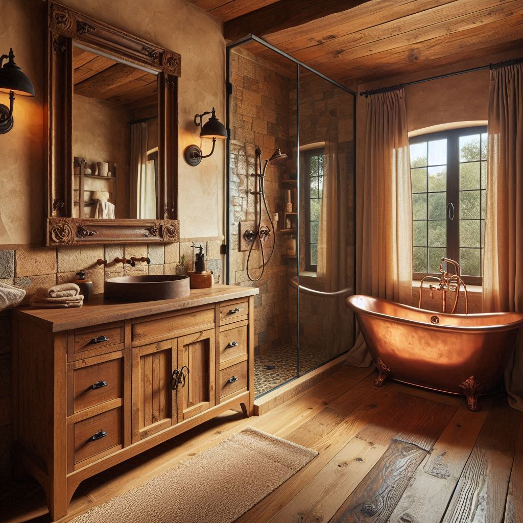 Rustic bathroom with an antique wood vanity, thick stone countertop, brushed copper fixtures, natural stone tile walls, and wide wooden plank flooring, designed by Hothico Architects.