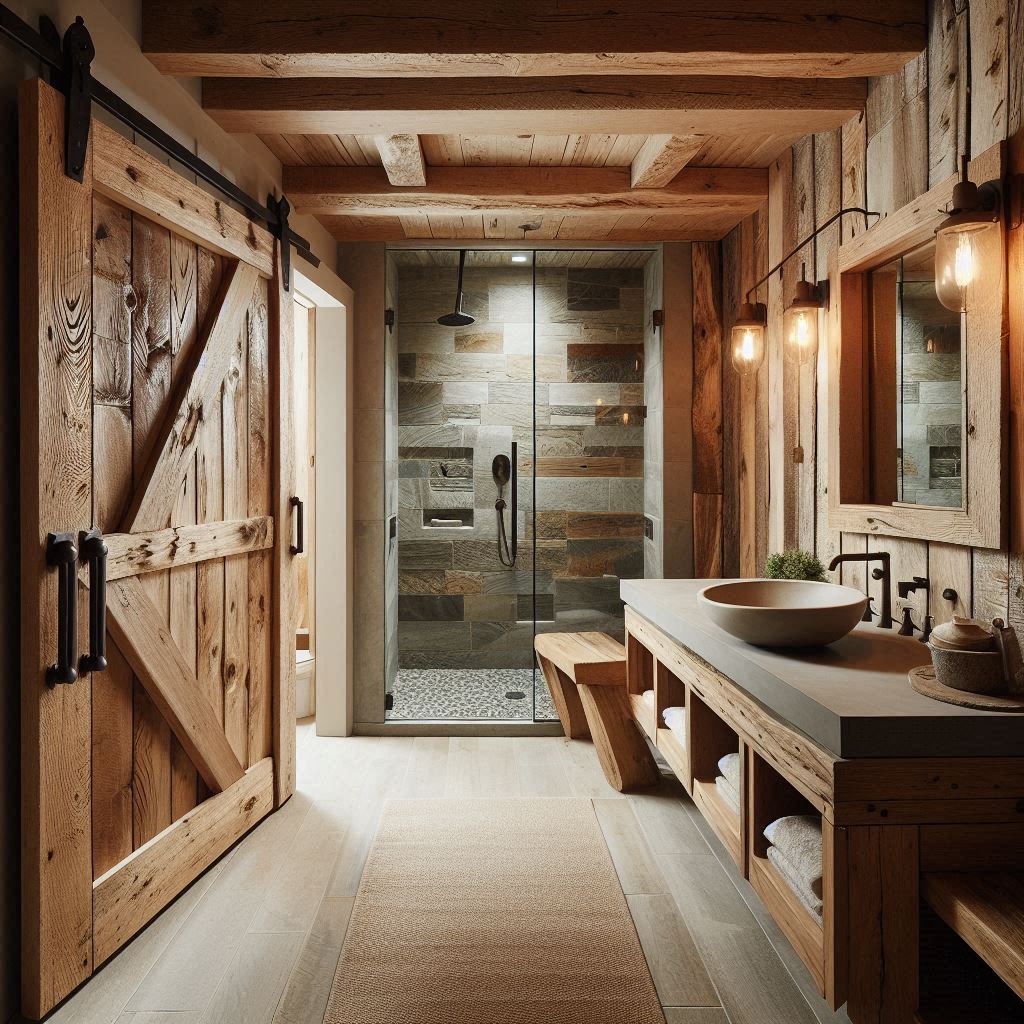 Rustic bathroom with reclaimed wood sliding barn doors, handcrafted barn wood vanity, thick concrete countertop, and natural textures throughout, designed by Hothico Architects.