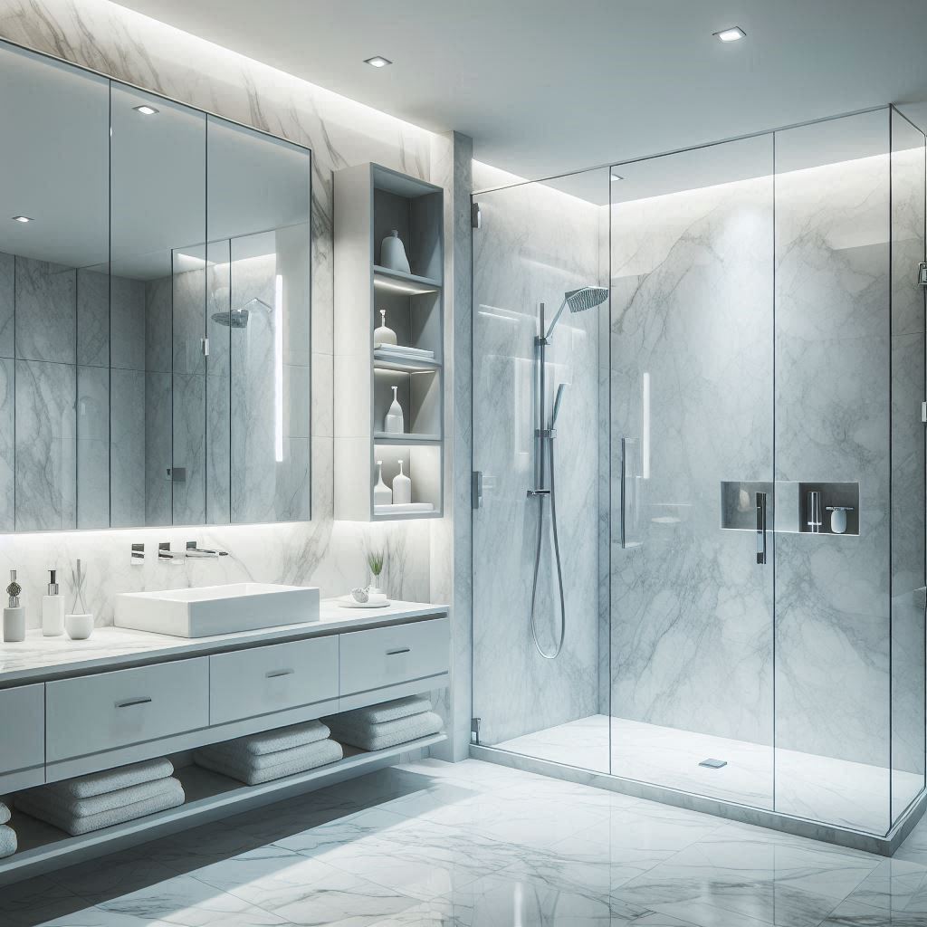 Luxurious modern bathroom with a floating vanity, marble countertop, polished chrome fixtures, white marble wall tiles with grey veining, and a matching marble floor, designed by Hothico Architects.