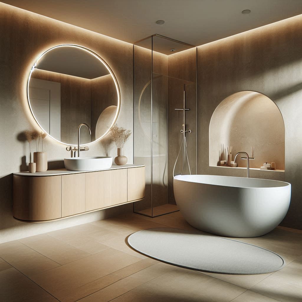 Contemporary bathroom with curved lines, earthy tones, an oval matte white freestanding tub, and brushed nickel fixtures, designed by Hothico Architects.
