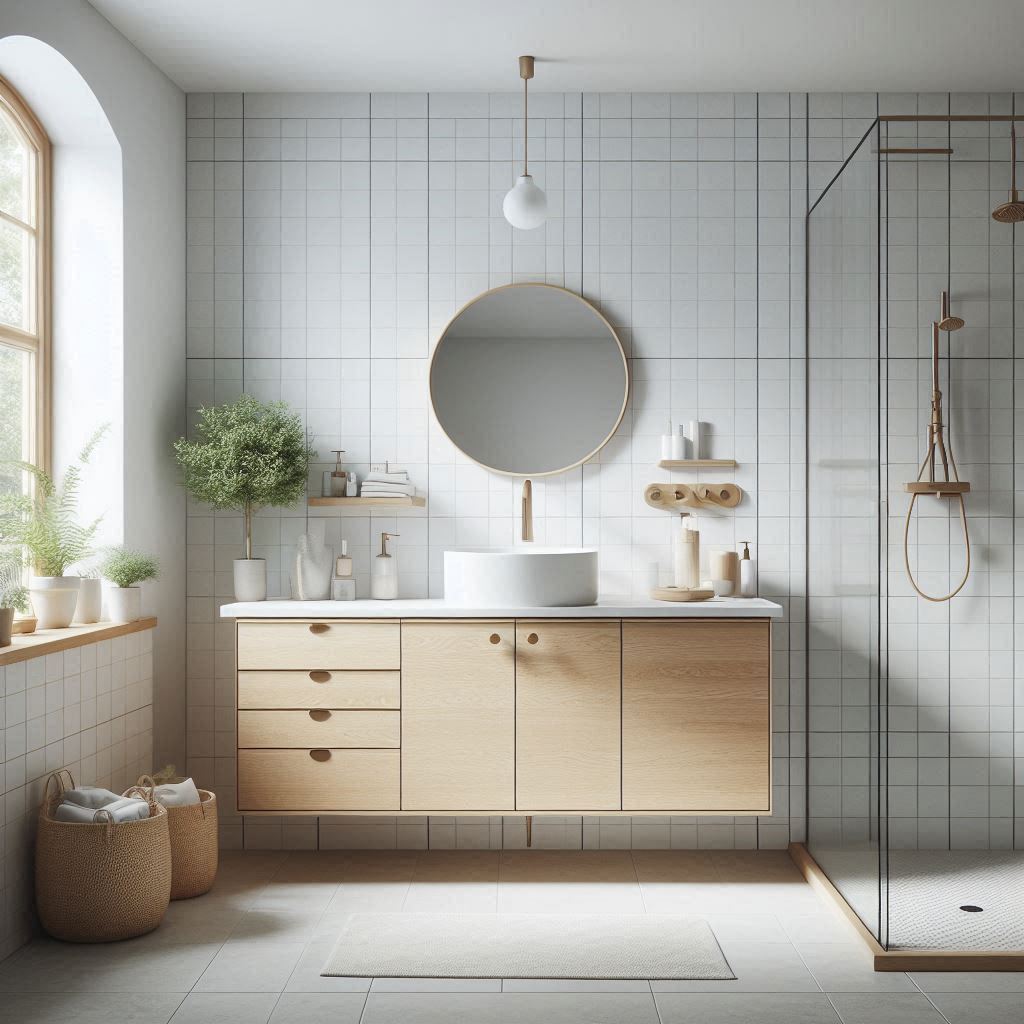 Scandinavian bathroom with white tiled walls, light oak floating vanity, white countertop, matte black faucet, and a glass-enclosed shower, designed by Hothico Architects.