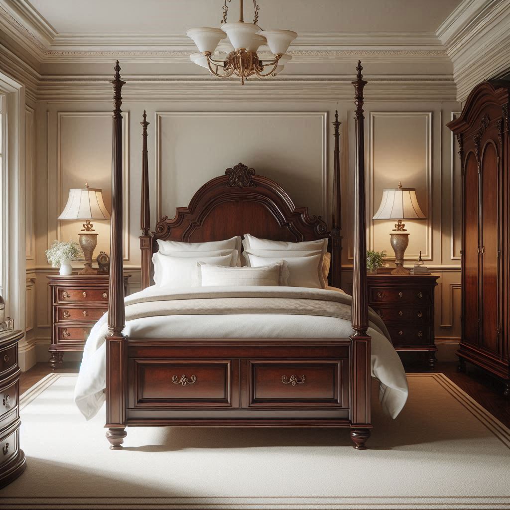 Classic bedroom with a mahogany four-poster bed, white linens, matching dark wood nightstands with brass handles, and a neutral-toned palette, designed by Hothico Architects.