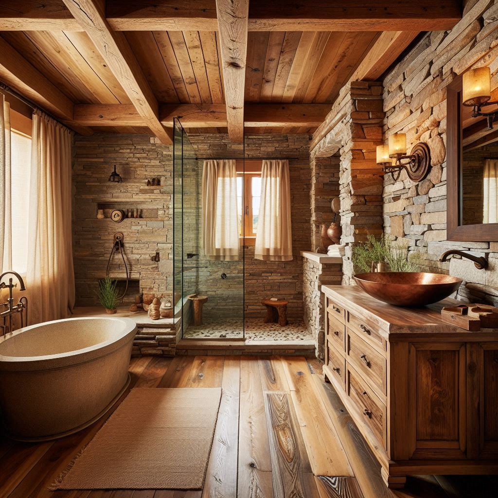 Rustic bathroom with exposed wooden ceiling beams, natural stone walls, reclaimed wood vanity, thick stone countertop, and a hammered copper vessel sink, designed by Hothico Architects.