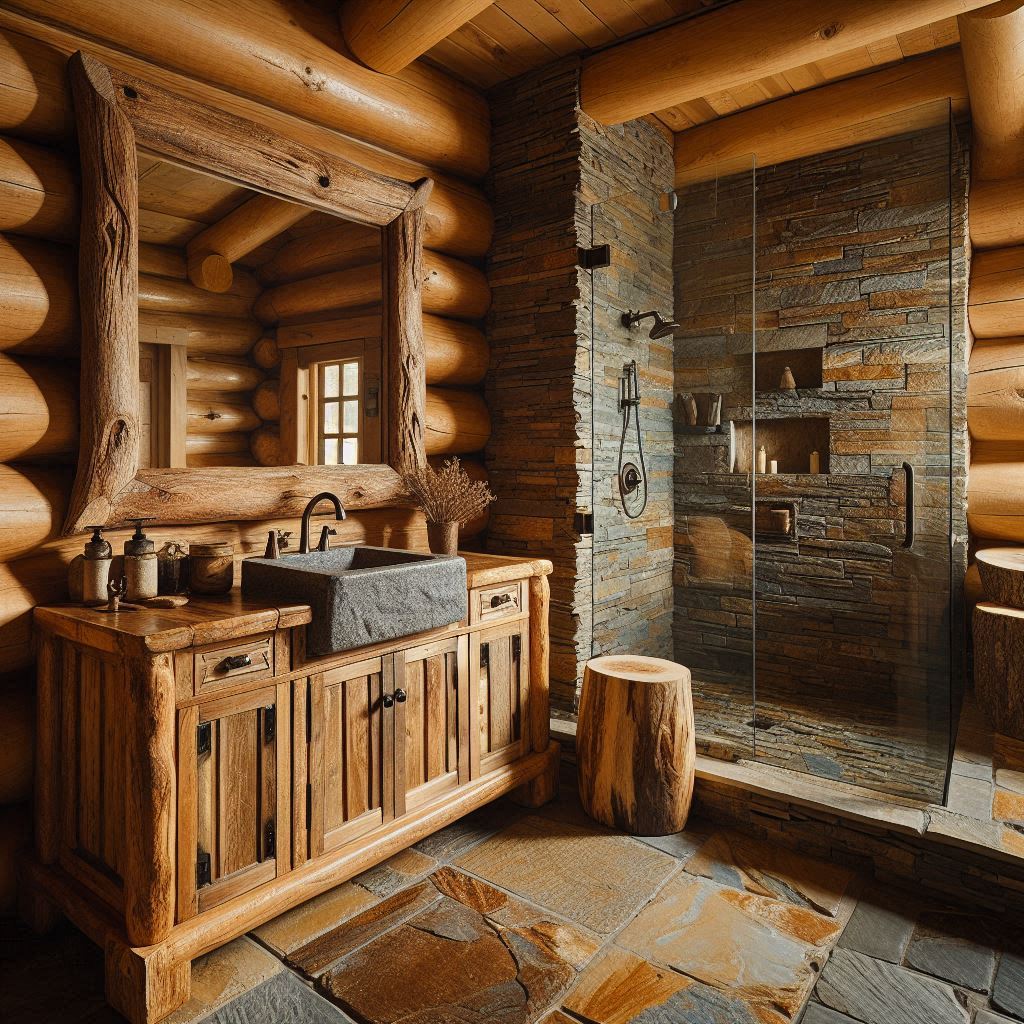 Rustic bathroom with log cabin–style wooden walls, natural stone accents, a reclaimed wood vanity topped with a carved granite sink, and large stone tile flooring, designed by Hothico Architects.