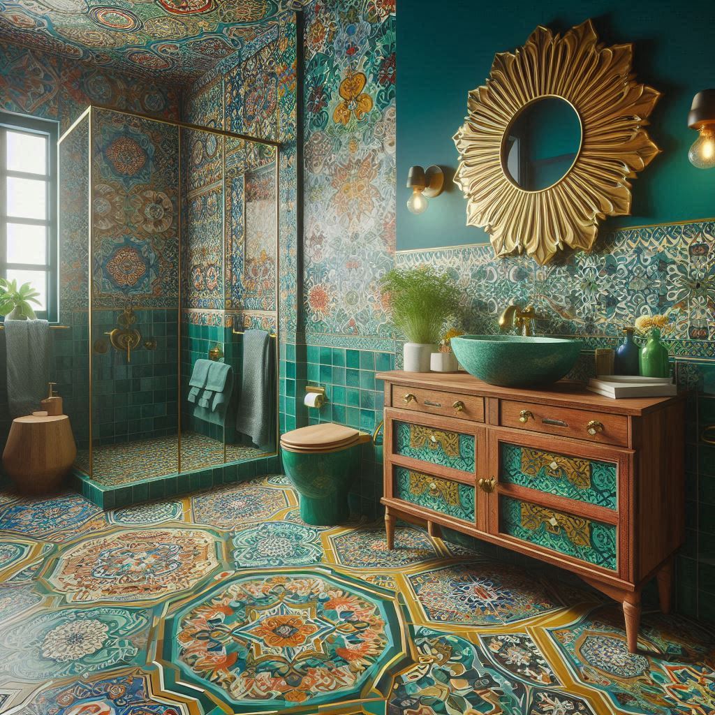 Eclectic bathroom with Moroccan-inspired floor tiles in deep blue, green, and gold, and a vintage repurposed wooden dresser vanity, designed by Hothico Architects.