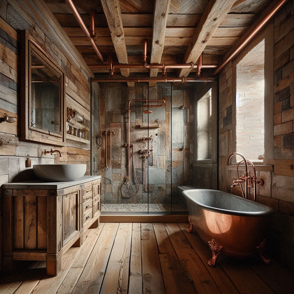 Rustic bathroom with exposed copper pipes, weathered wooden walls, thick reclaimed wood vanity, concrete countertop, and deep stone vessel sink, designed by Hothico Architects.