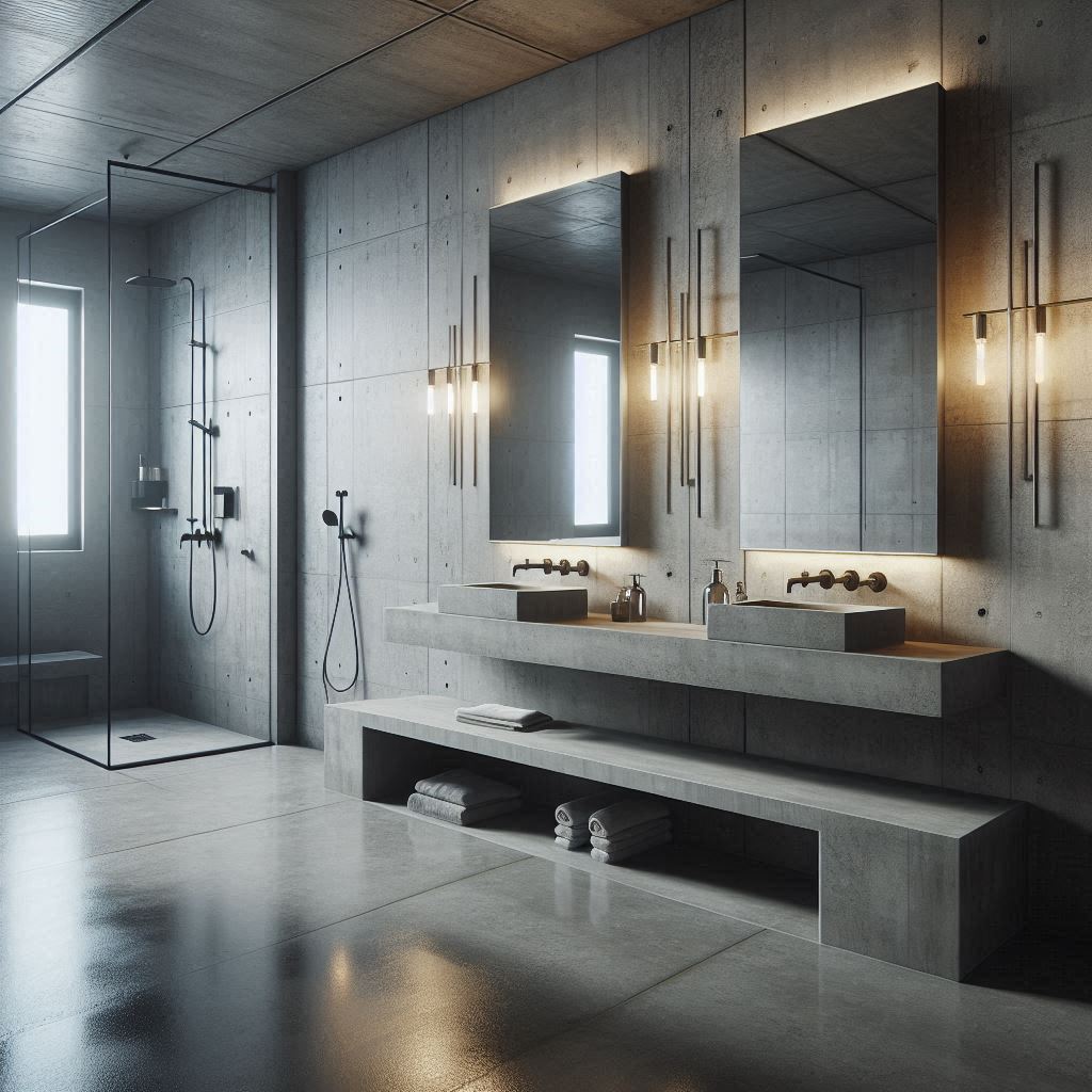 Minimalist industrial bathroom with concrete floors and walls, a floating concrete vanity with integrated double sinks, and brushed steel fixtures, designed by Hothico Architects.