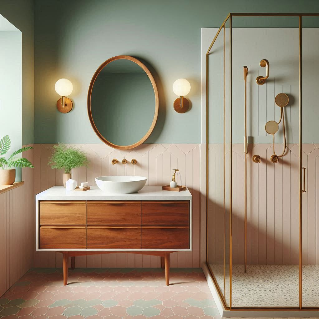 Mid-century modern bathroom with a walnut vanity, white quartz countertop, rectangular under-mount sink, warm wood accents, and soft pastel tones, designed by Hothico Architects.