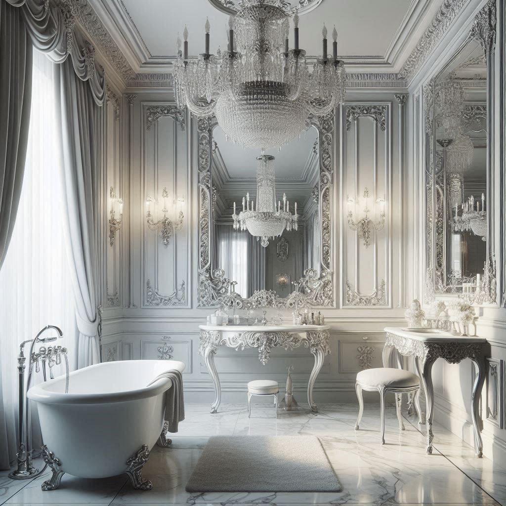 Classic bathroom with a white freestanding tub on silver clawfoot legs, white marble flooring with grey veining, and elegant wall detailing designed by Hothico Architects.