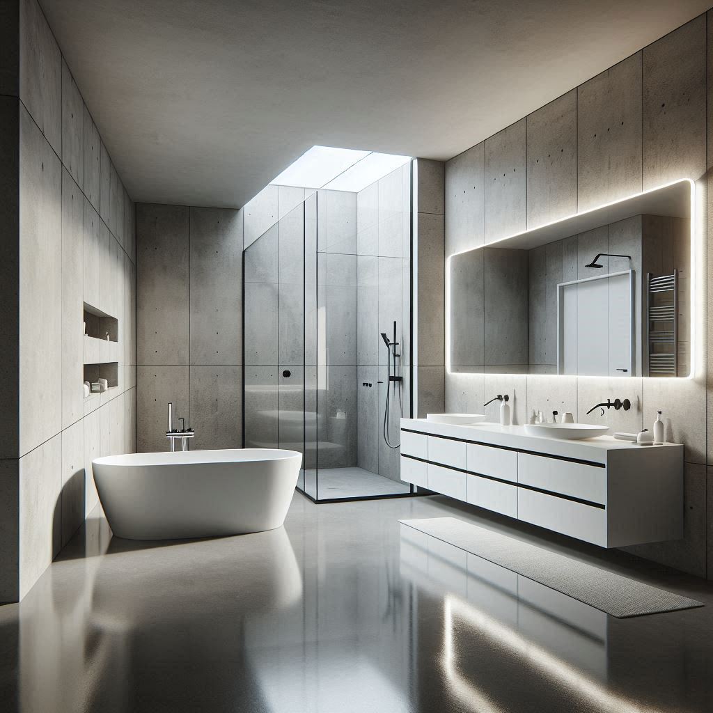 Spacious minimalist bathroom with a freestanding tub, polished concrete floors, wall-mounted vanity, and sleek chrome fixtures, designed by Hothico Architects.
